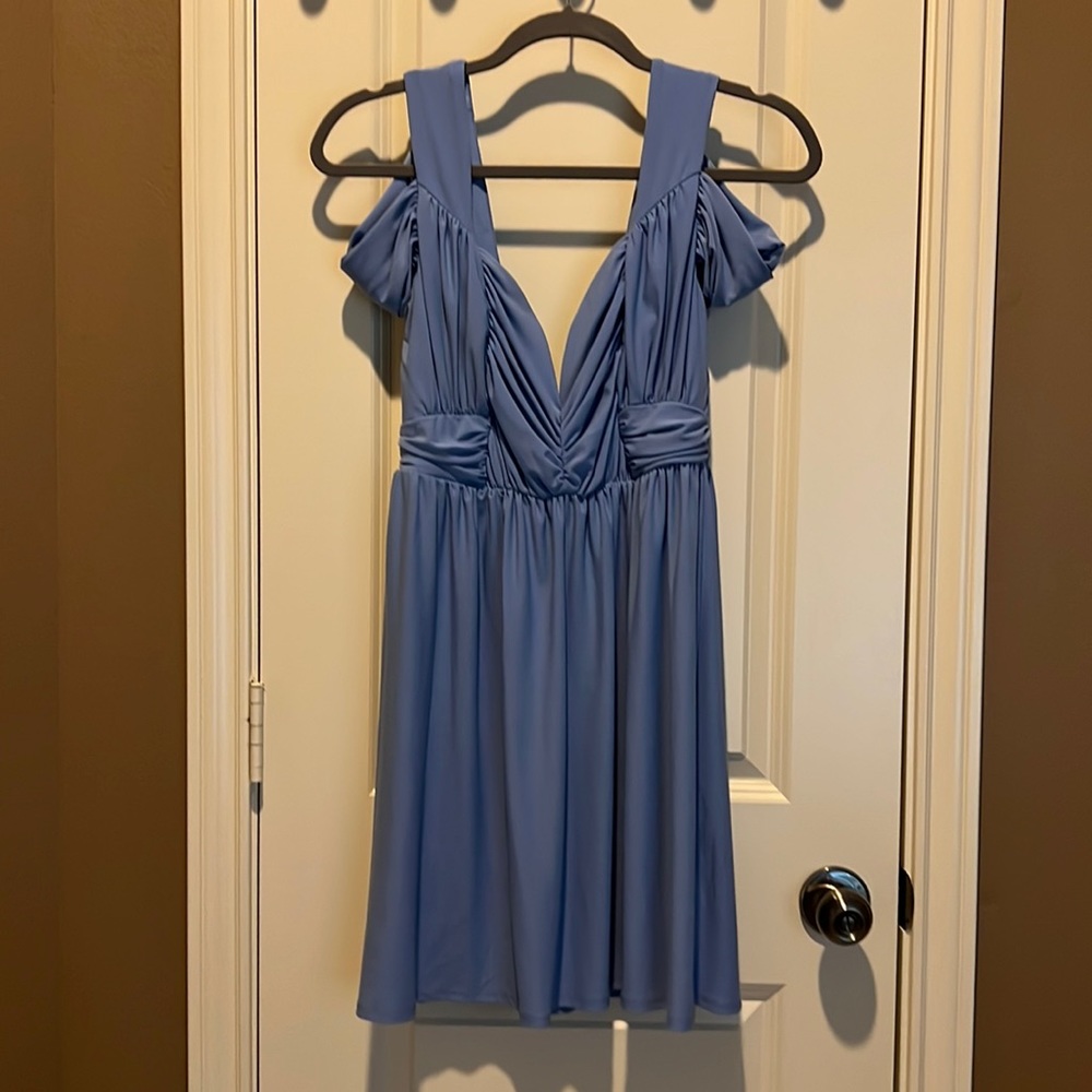 Light blue Grecian dress with v neck front and back